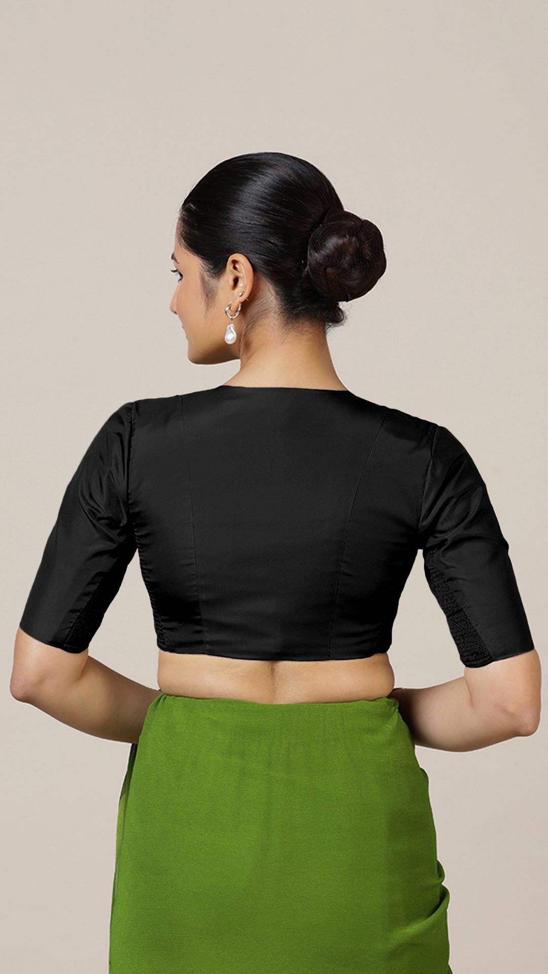 Begum x Rozaana Saree Blouse, in Black Vegan Silk, featuring elbow sleeves and v-neckline, made for daily & work (view 2).