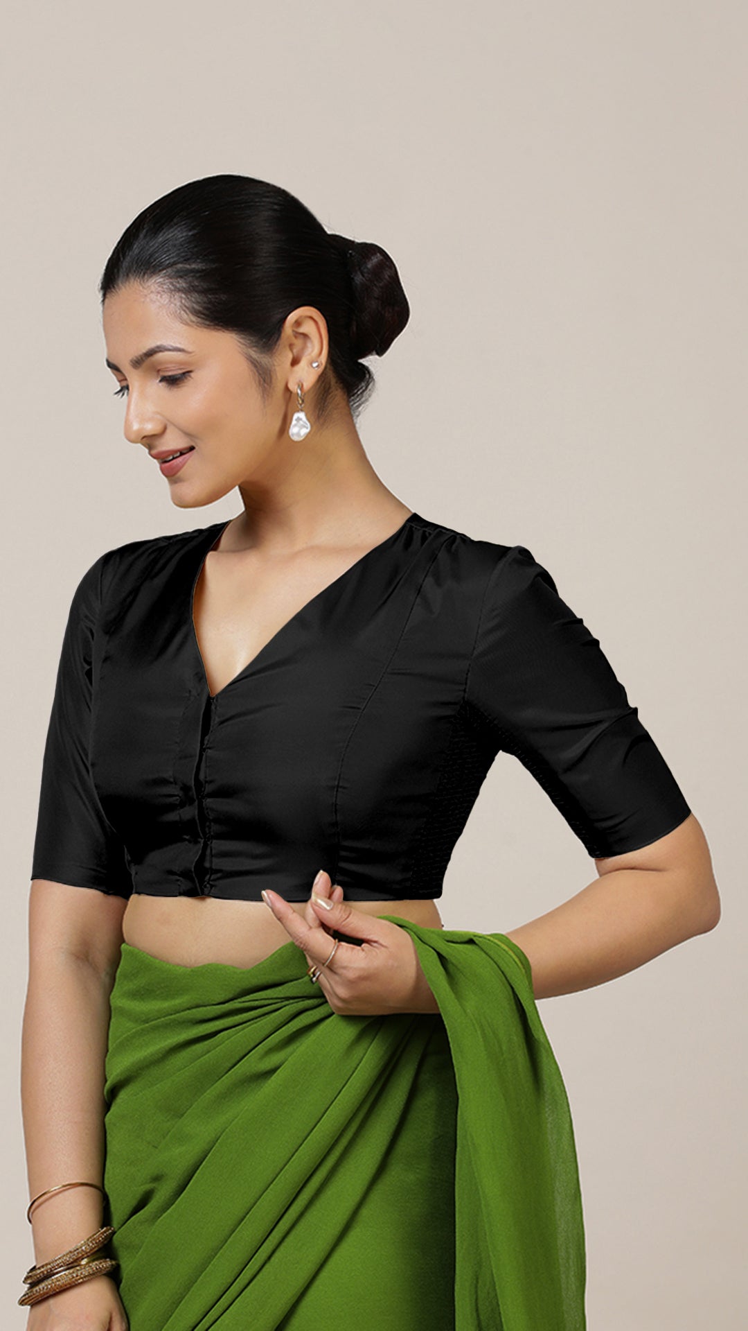 Begum x Rozaana Saree Blouse, in Black Vegan Silk, featuring elbow sleeves and v-neckline, made for daily & work (view 7).