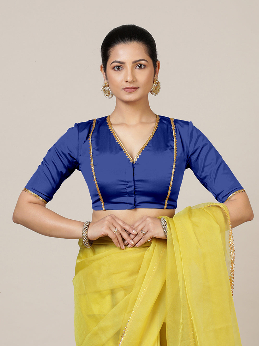 Begum x Tyohaar Saree Blouse, in Blue Vegan Silk, featuring elbow sleeves and v-neckline, made for party & festive.