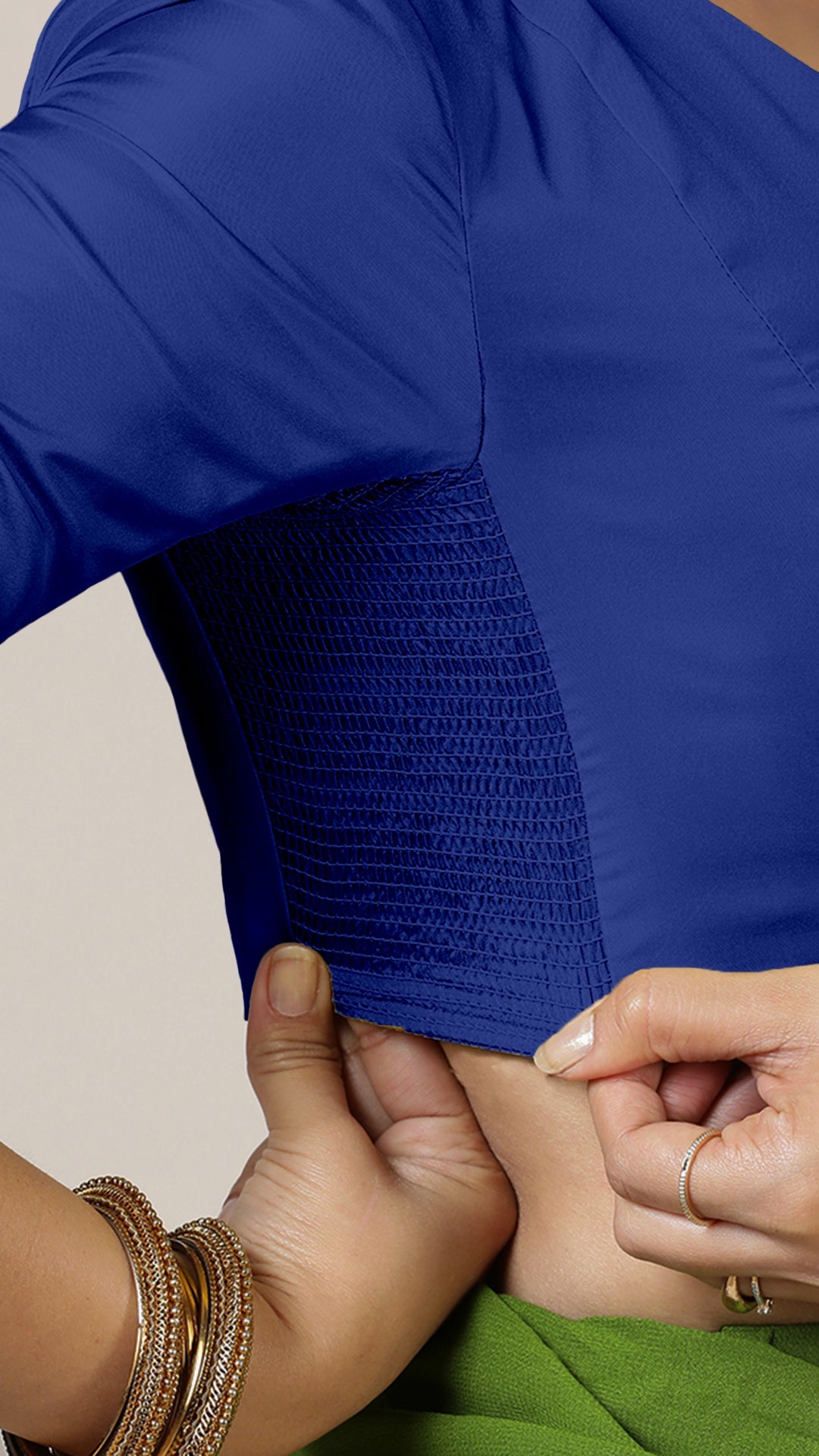 Begum x Rozaana Saree Blouse, in Blue Vegan Silk, featuring elbow sleeves and v-neckline, made for daily & work (view 3).