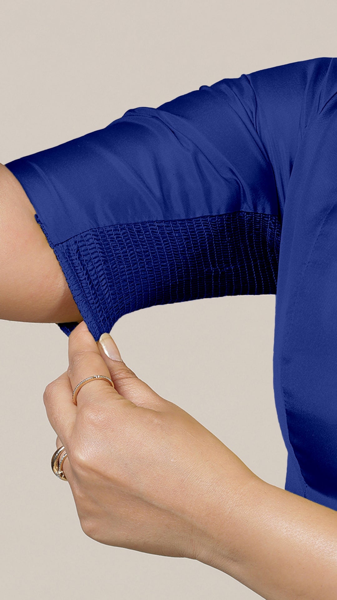 Begum x Rozaana Saree Blouse, in Blue Vegan Silk, featuring elbow sleeves and v-neckline, made for daily & work (view 4).