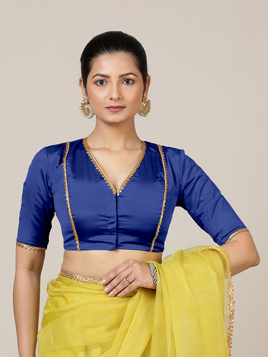 Begum x Tyohaar Saree Blouse, in Blue Vegan Silk, featuring elbow sleeves and v-neckline, made for party & festive (view 6).