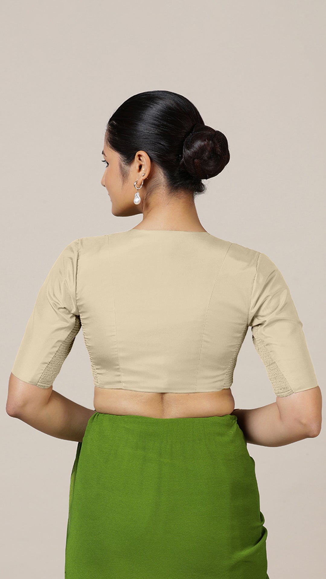Begum x Rozaana Saree Blouse, in Cream Vegan Silk, featuring elbow sleeves and v-neckline, made for daily & work (view 2).