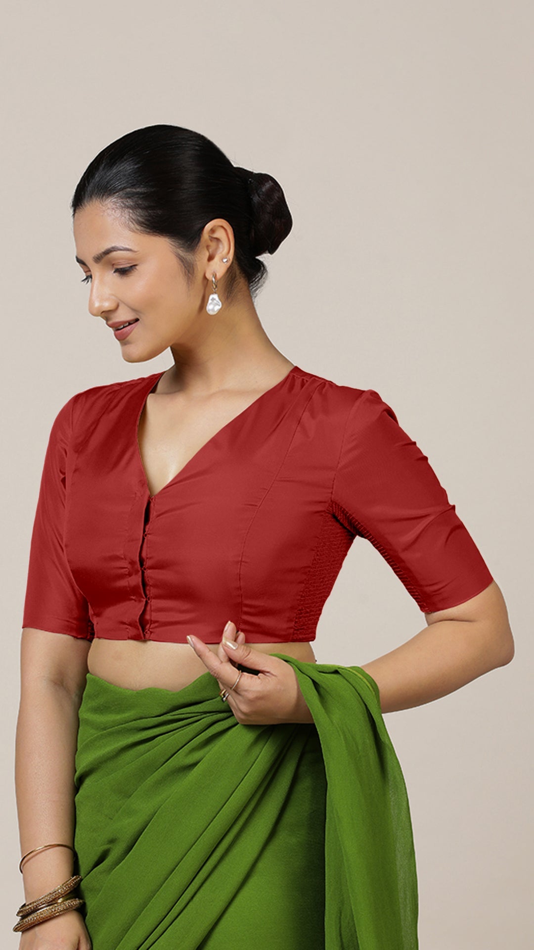Begum x Rozaana Saree Blouse, in Red Vegan Silk, featuring elbow sleeves and v-neckline, made for daily & work.