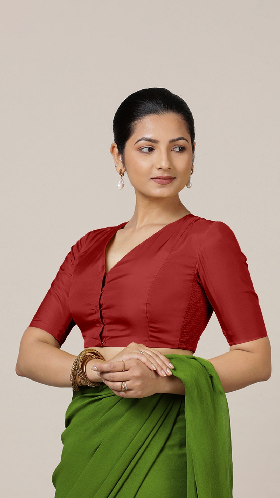 Begum x Rozaana Saree Blouse, in Red Vegan Silk, featuring elbow sleeves and v-neckline, made for daily & work (view 6).
