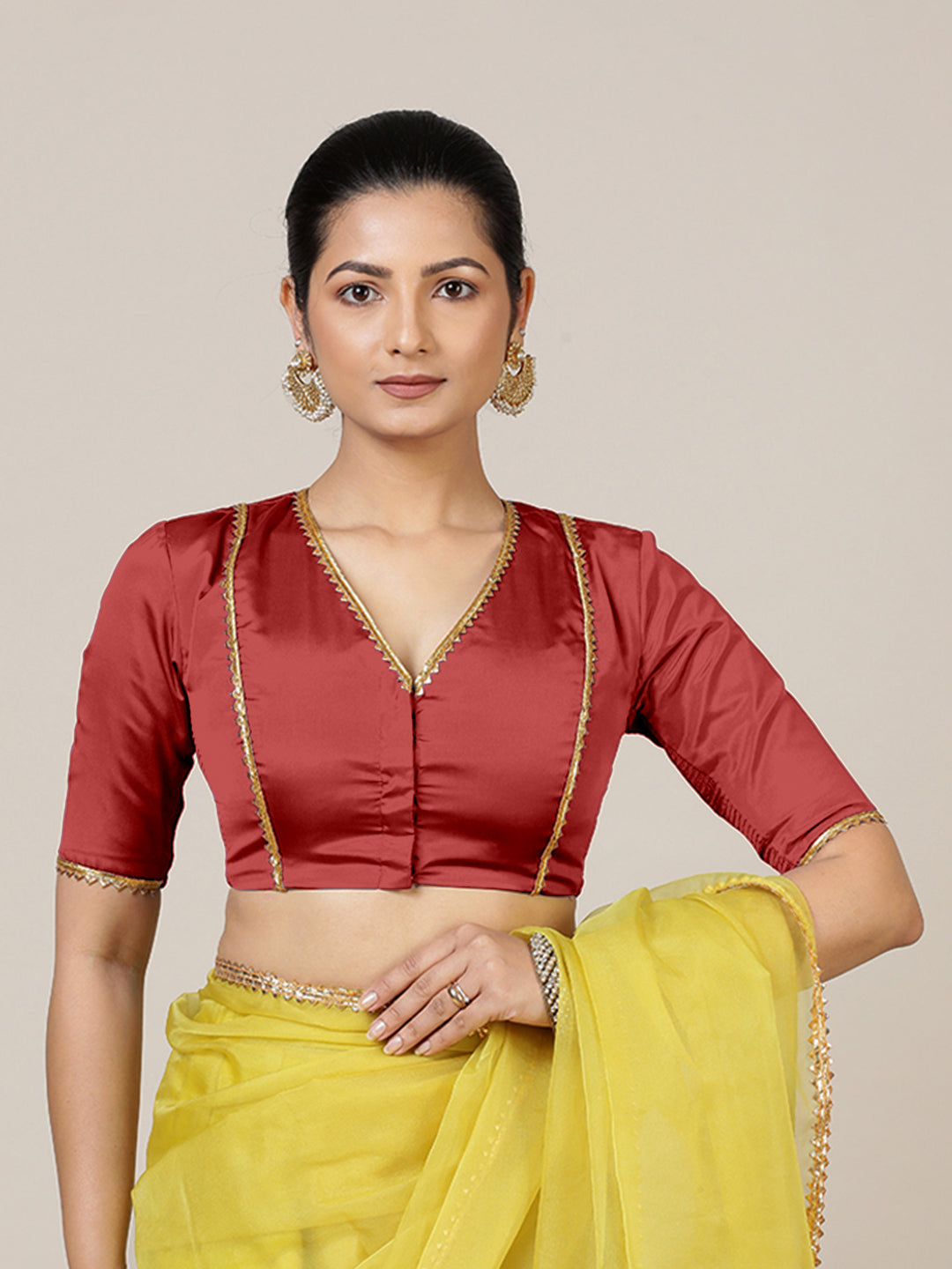 Begum x Tyohaar Saree Blouse, in Red Vegan Silk, featuring elbow sleeves and v-neckline, made for party & festive (view 6).