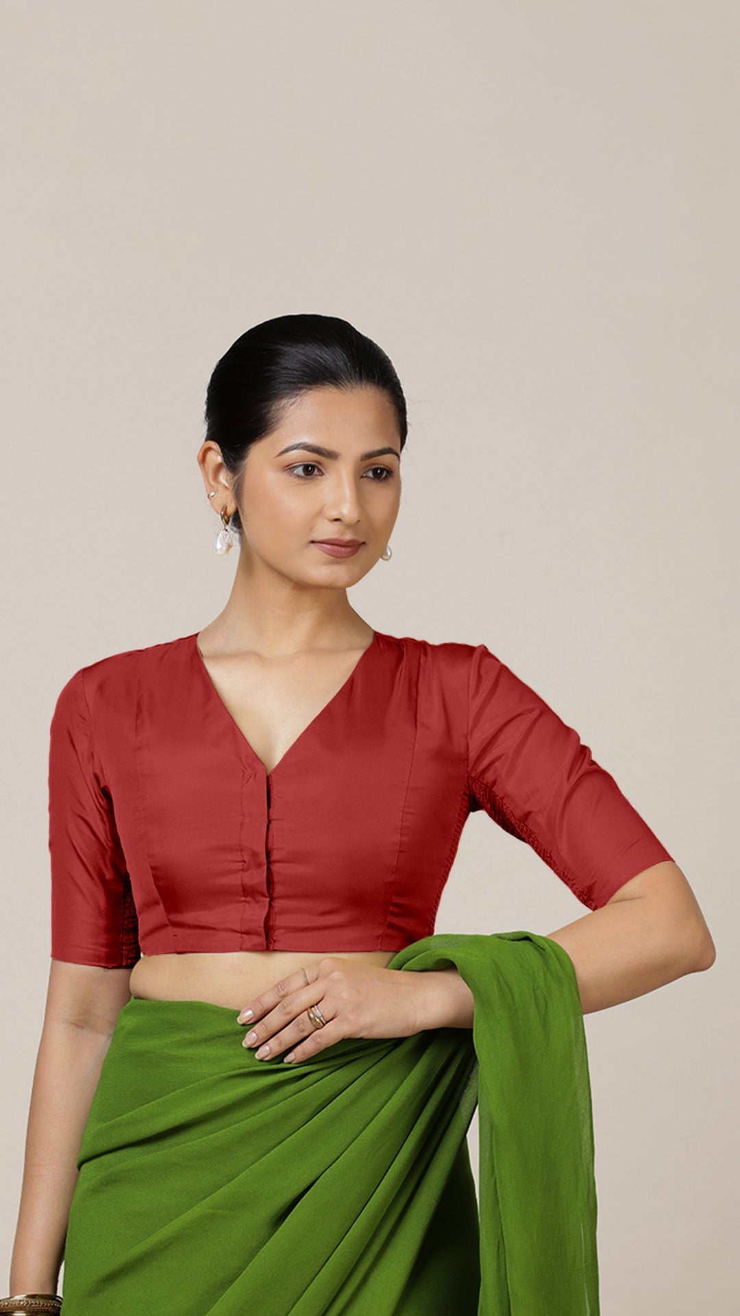 Begum x Rozaana Saree Blouse, in Red Vegan Silk, featuring elbow sleeves and v-neckline, made for daily & work (view 7).