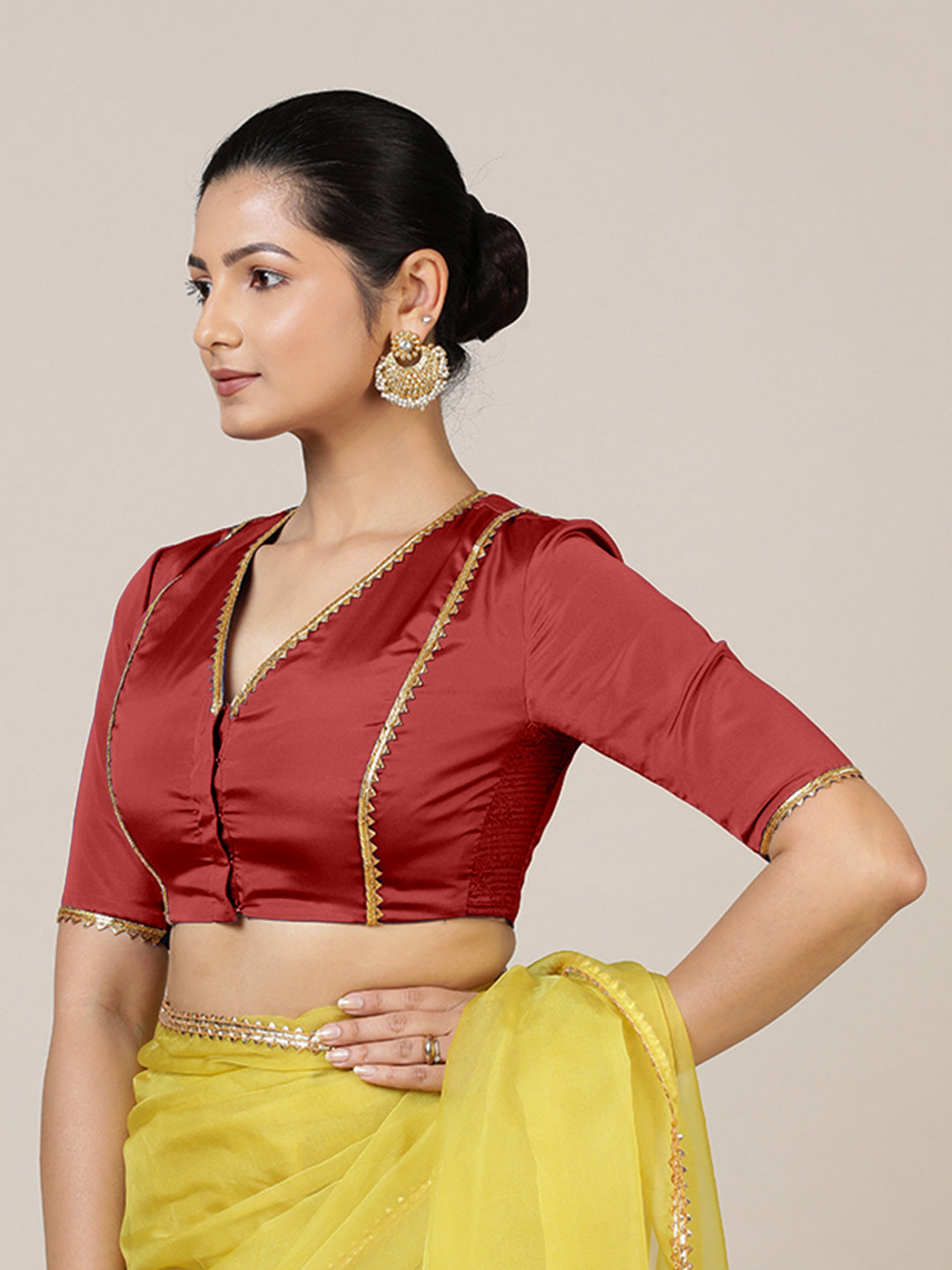Begum x Tyohaar Saree Blouse, in Red Vegan Silk, featuring elbow sleeves and v-neckline, made for party & festive (view 7).