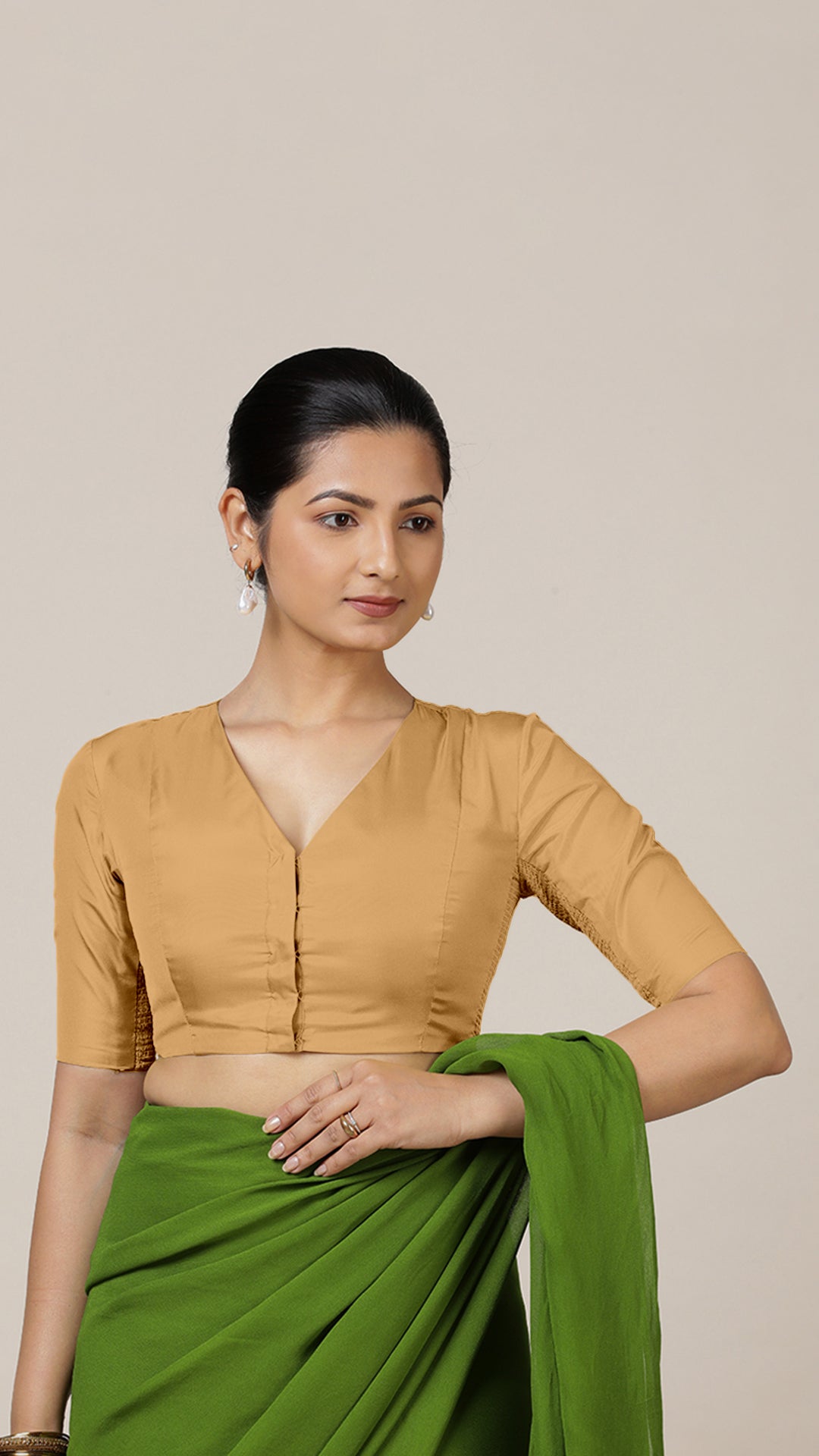 Begum x Rozaana Saree Blouse, in Gold Vegan Silk, featuring elbow sleeves and v-neckline, made for daily & work (view 6).