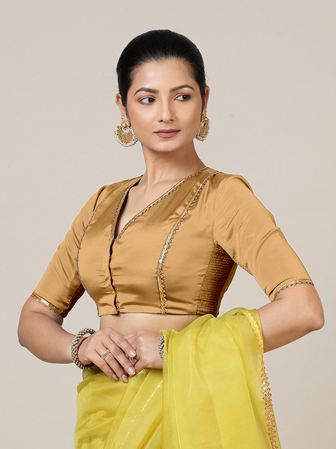 Begum x Tyohaar Saree Blouse, in Gold Vegan Silk, featuring elbow sleeves and v-neckline, made for party & festive (view 7).
