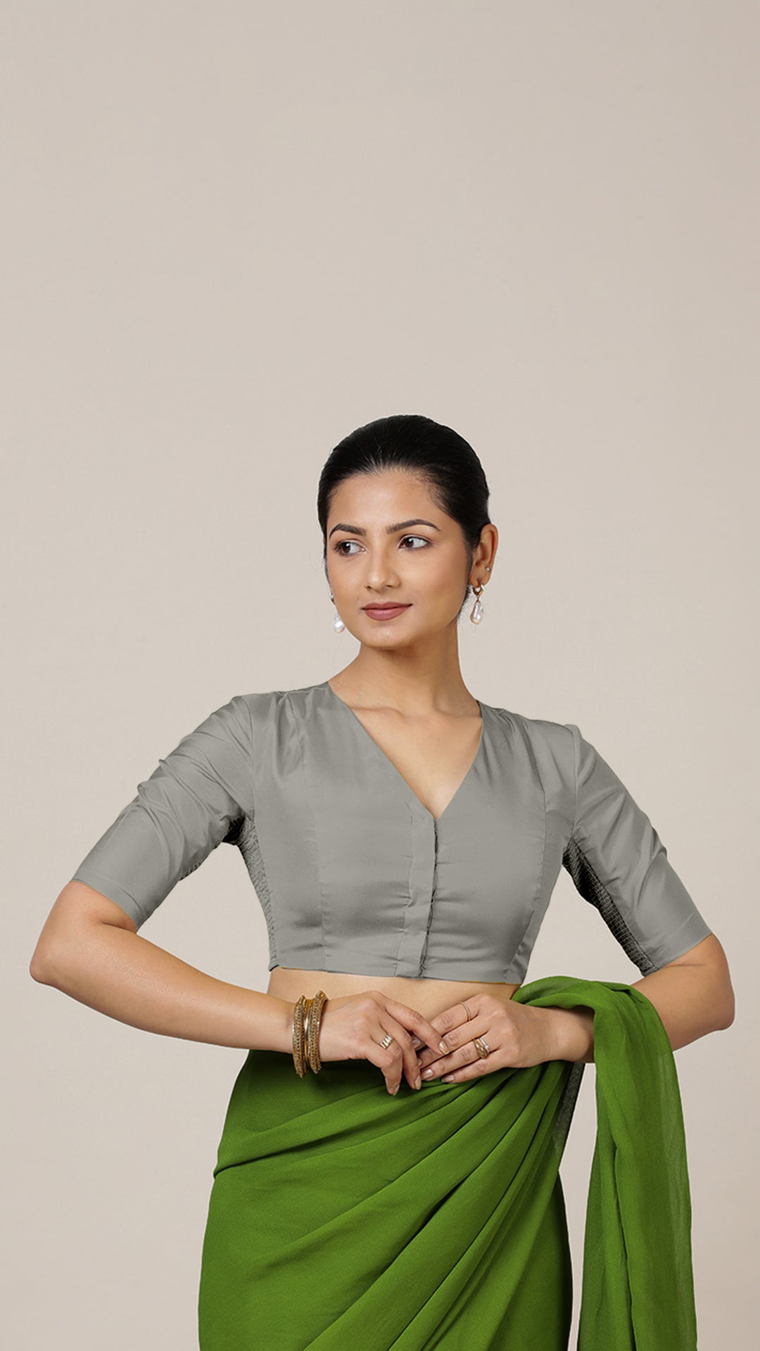 Begum x Rozaana Saree Blouse, in Grey Vegan Silk, featuring elbow sleeves and v-neckline, made for daily & work (view 7).