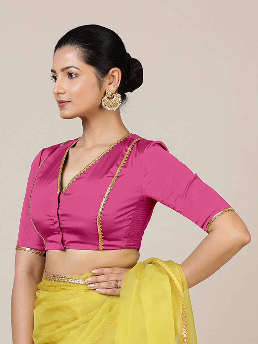 Begum x Tyohaar | Elbow Sleeves Hot Pink FlexiFit™ Gota Embellished Saree Blouse with V-Neck