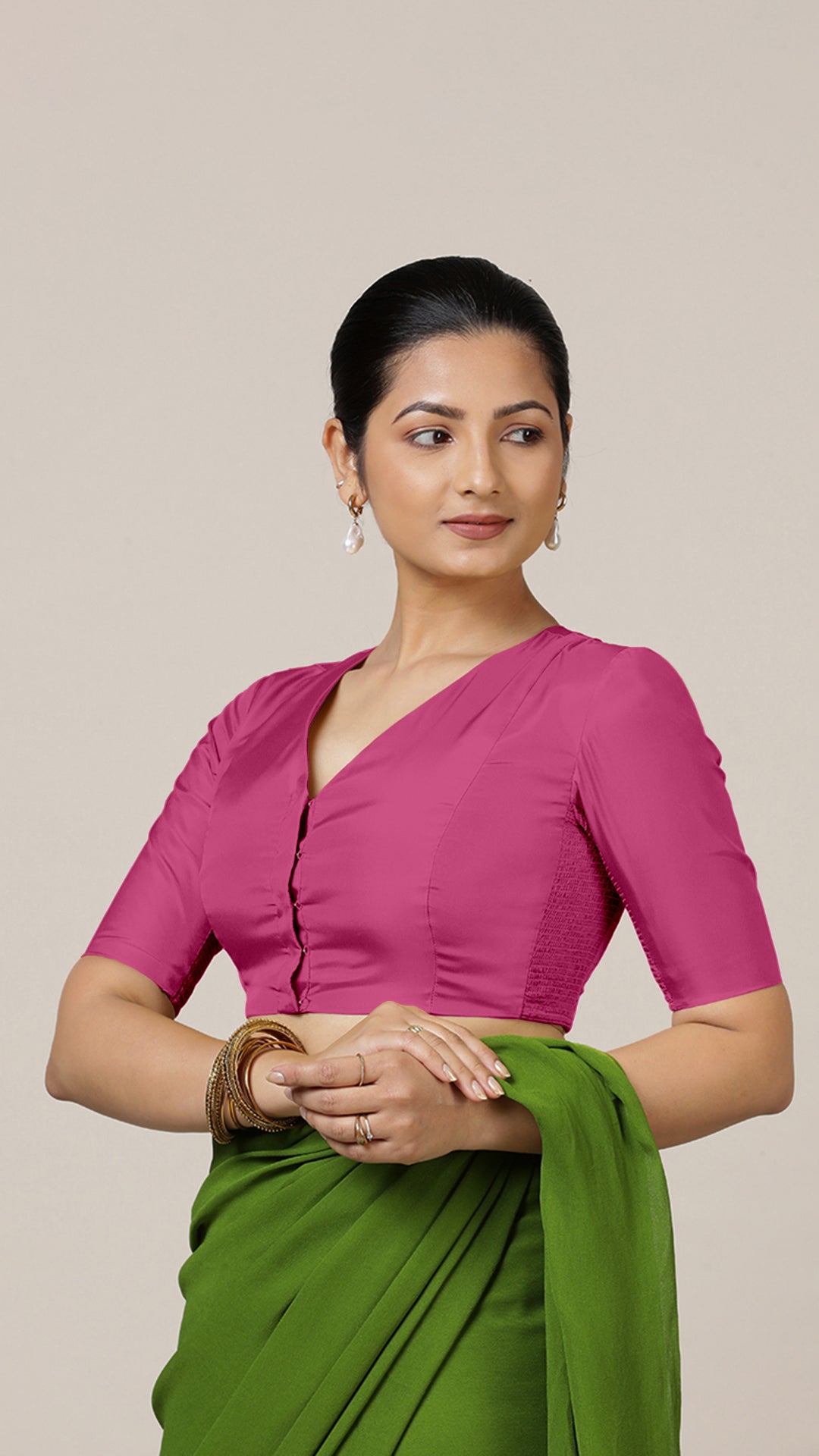 Begum x Rozaana Saree Blouse, in Pink Artificial Silk, featuring elbow sleeves and v-neckline, made for party & festive.