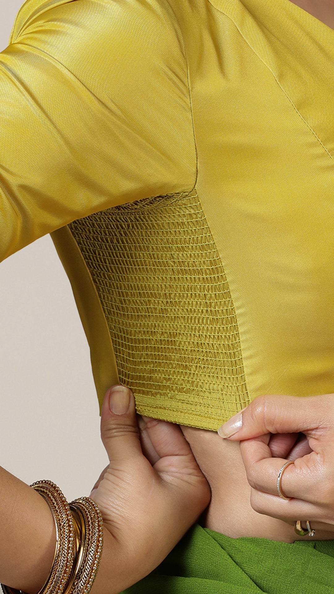 Begum x Rozaana Saree Blouse, in Yellow Vegan Silk, featuring elbow sleeves and v-neckline, made for daily & work (view 2).