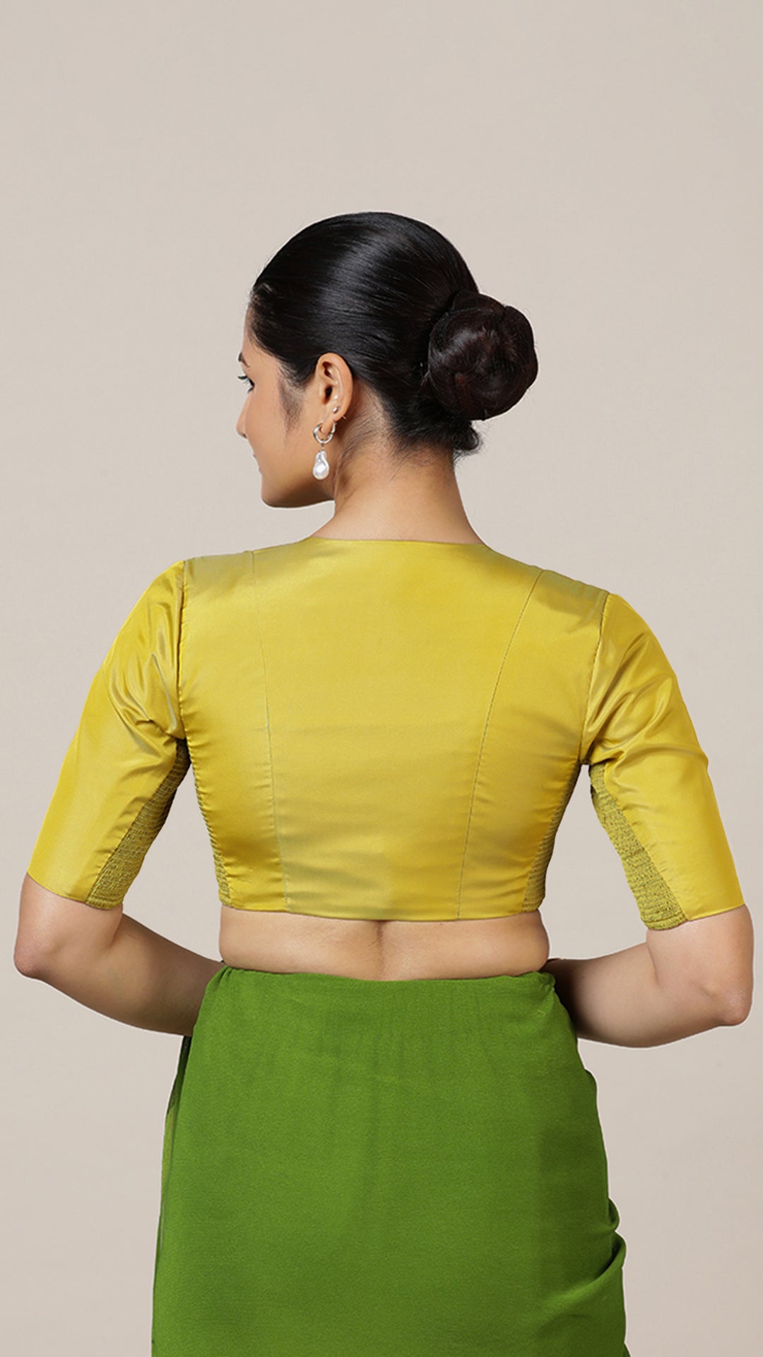 Begum x Rozaana Saree Blouse, in Yellow Vegan Silk, featuring elbow sleeves and v-neckline, made for daily & work (view 3).