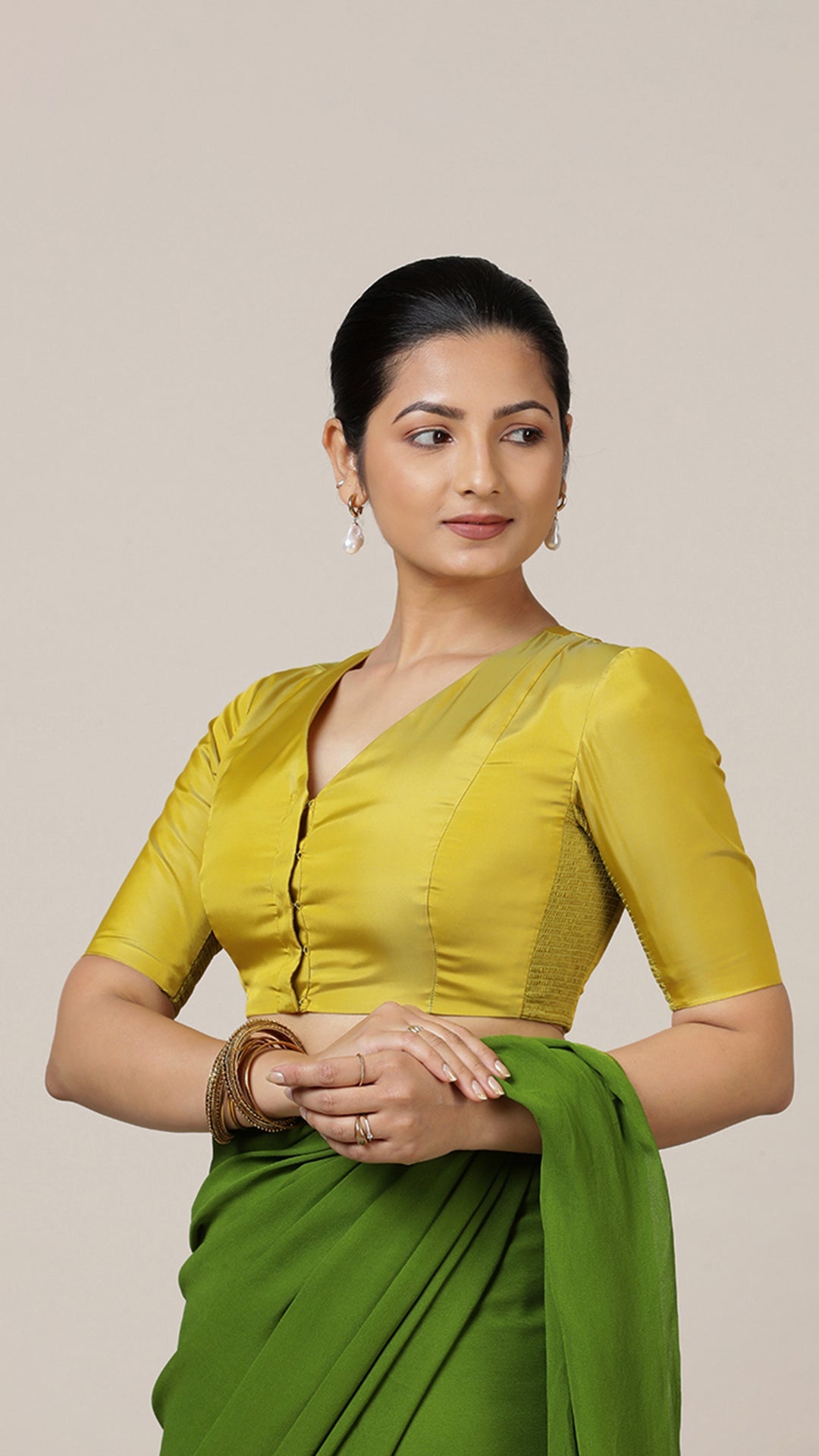 Begum x Rozaana Saree Blouse, in Yellow Vegan Silk, featuring elbow sleeves and v-neckline, made for daily & work (view 6).