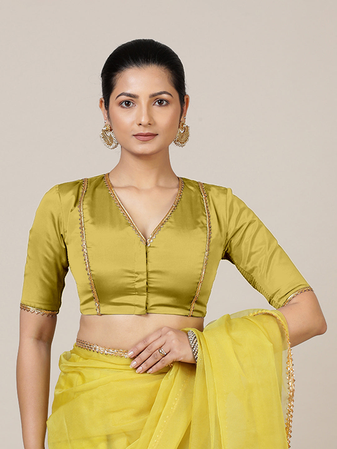 Begum x Tyohaar Saree Blouse, in Yellow Vegan Silk, featuring elbow sleeves and v-neckline, made for party & festive (view 6).