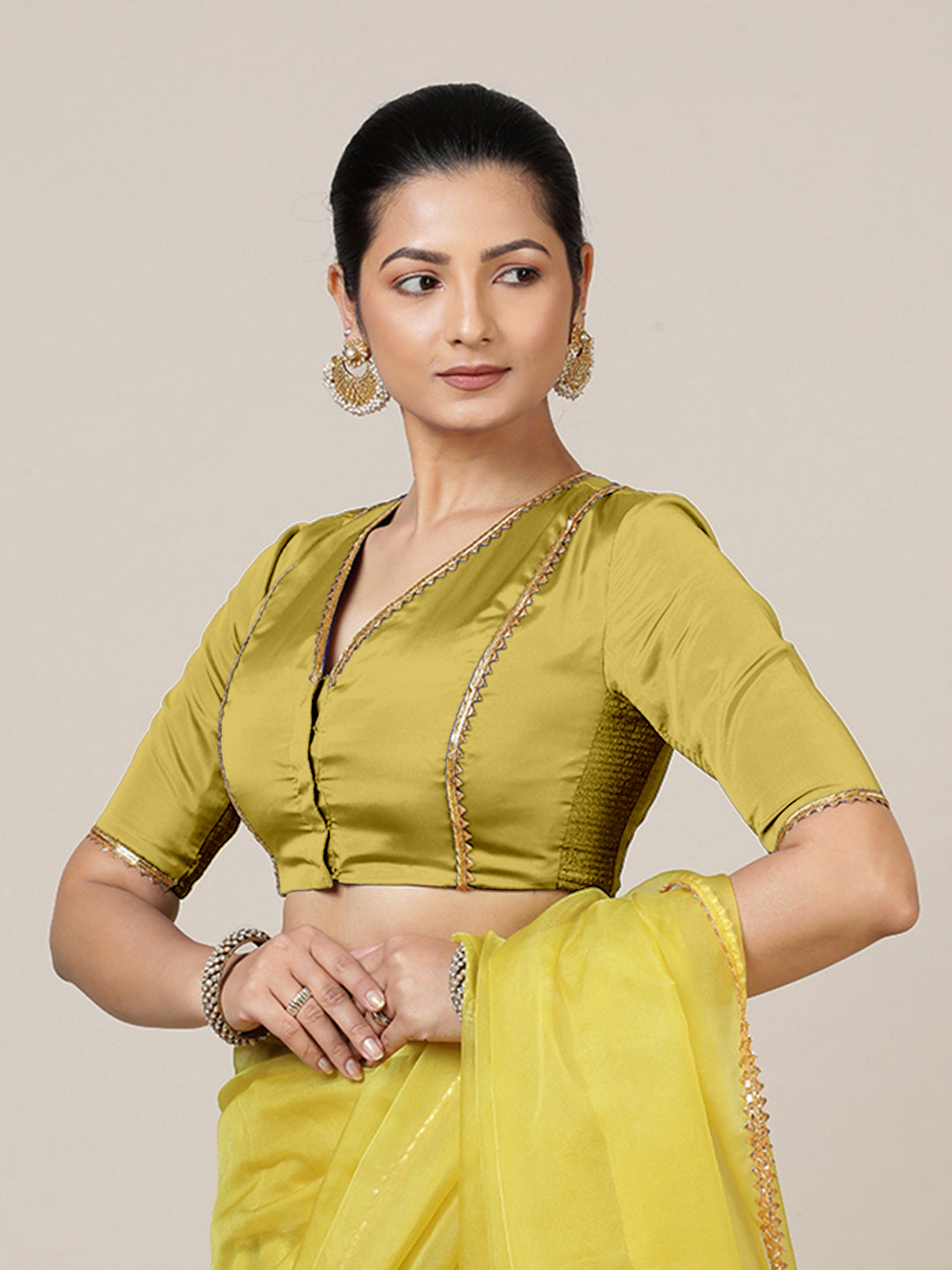Begum x Tyohaar Saree Blouse, in Yellow Vegan Silk, featuring elbow sleeves and v-neckline, made for party & festive (view 7).