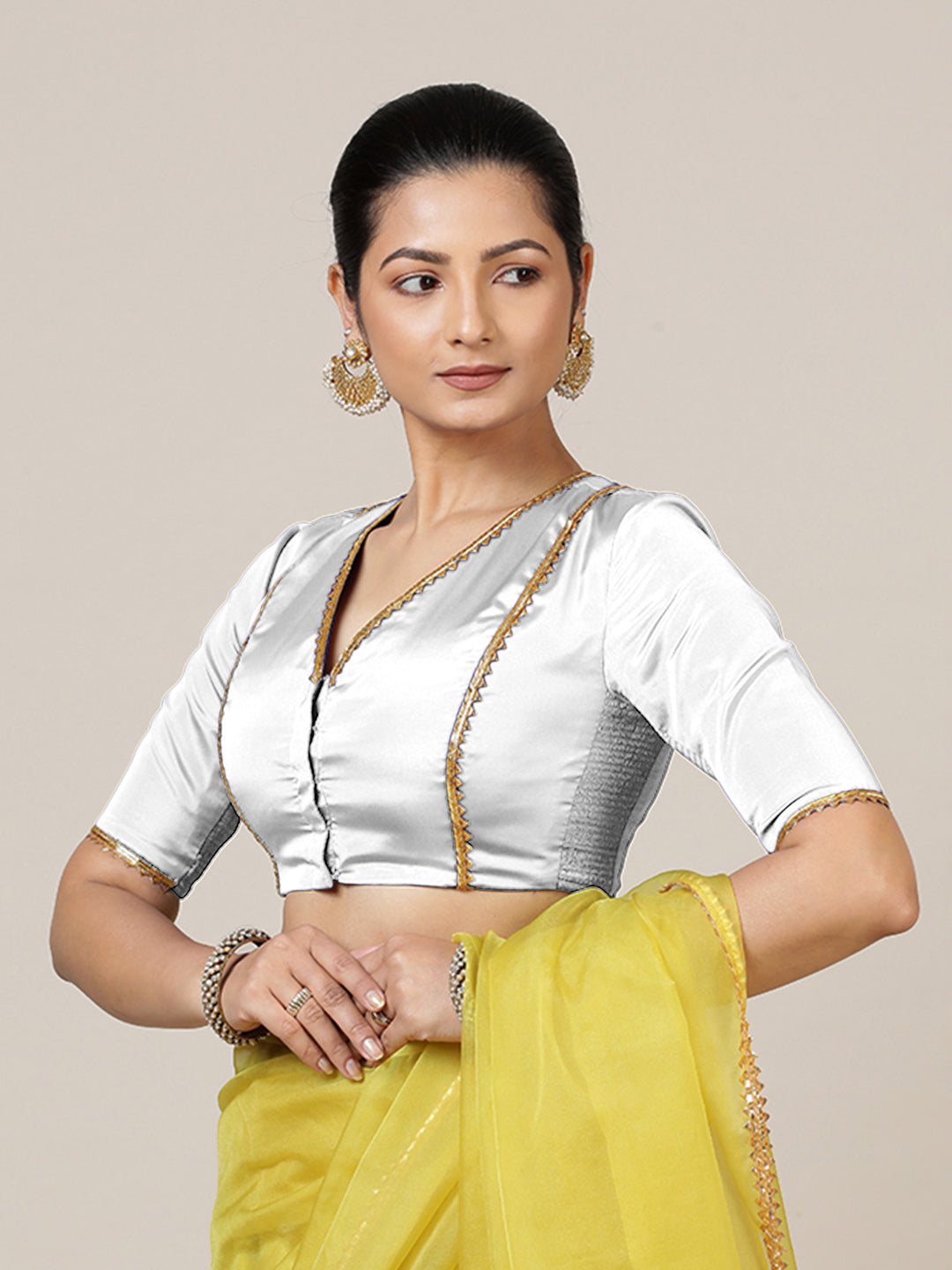 Begum x Tyohaar Saree Blouse, in White Vegan Silk, featuring elbow sleeves and v-neckline, made for party & festive (view 6).