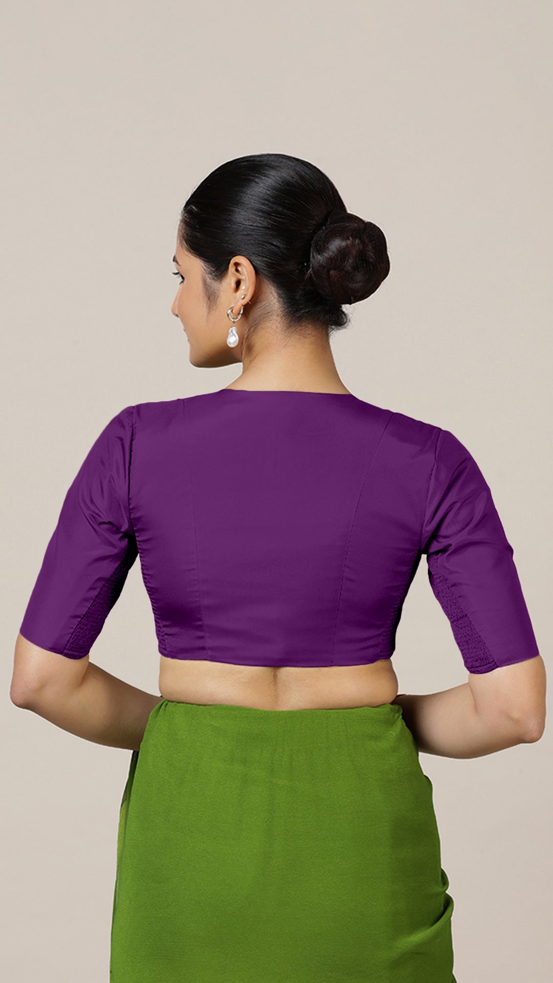 Begum x Rozaana Saree Blouse, in Purple Vegan Silk, featuring elbow sleeves and v-neckline, made for daily & work (view 2).