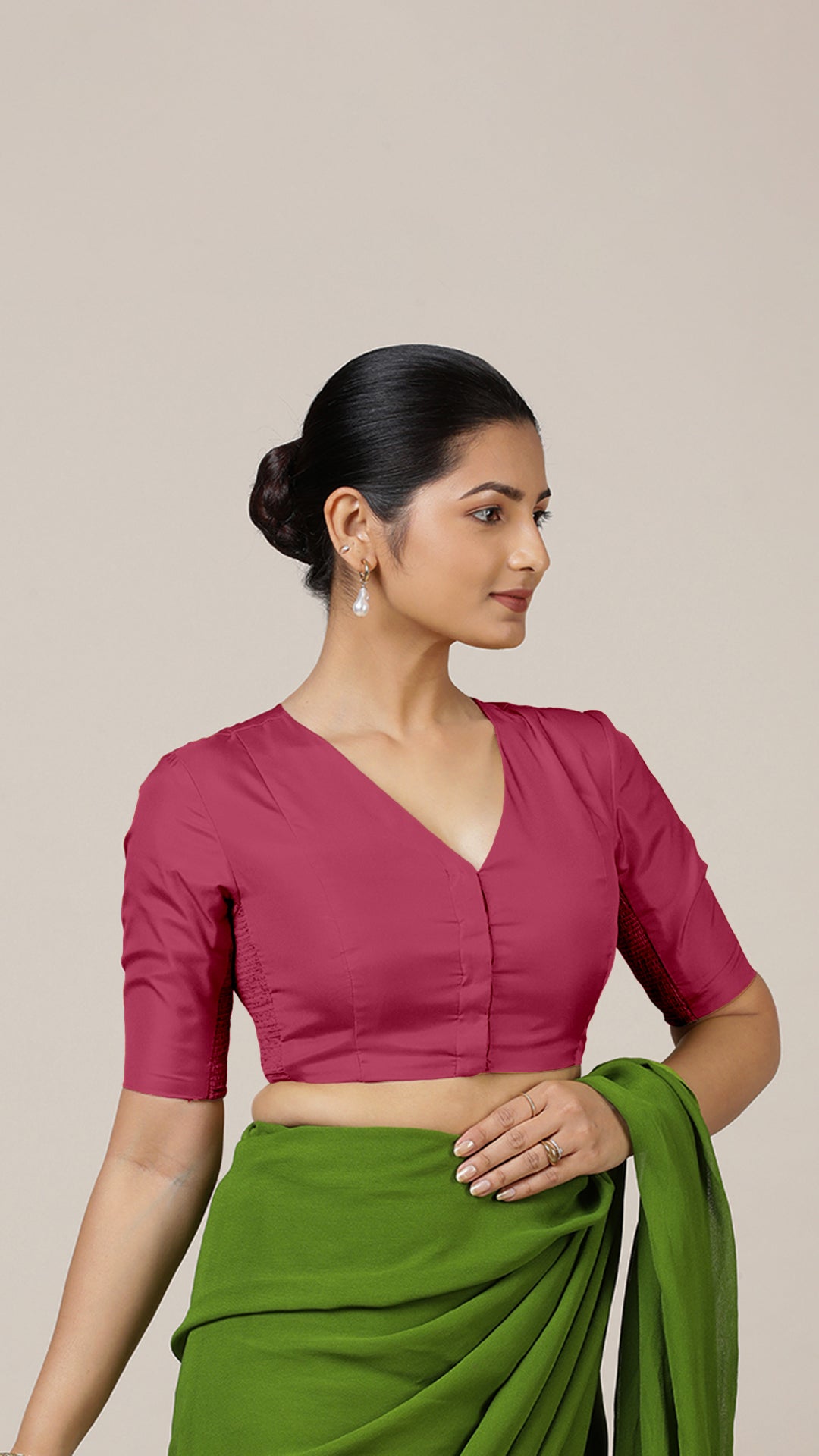 Begum x Rozaana Saree Blouse, in Pink Vegan Silk, featuring elbow sleeves and v-neckline, made for daily & work.
