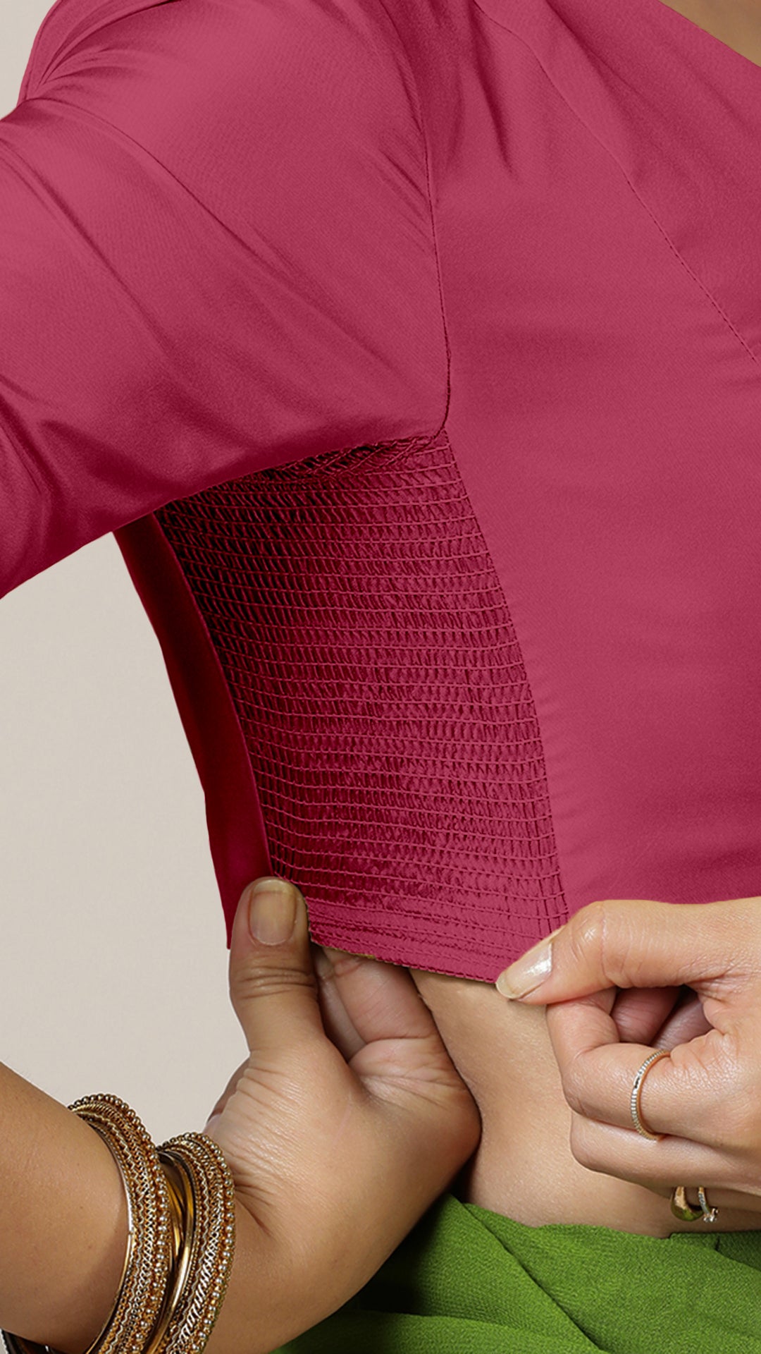 Begum x Rozaana Saree Blouse, in Pink Vegan Silk, featuring elbow sleeves and v-neckline, made for daily & work (view 3).