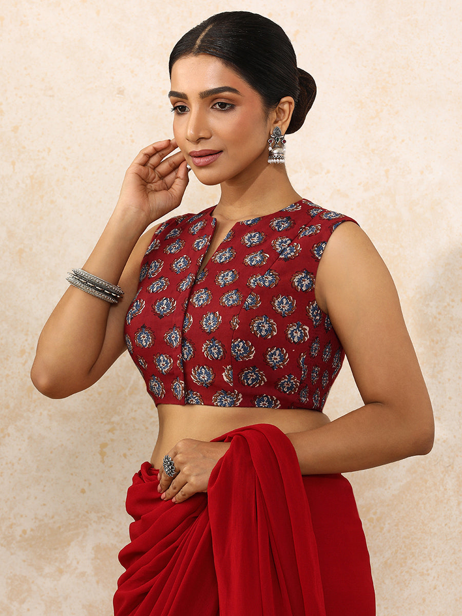 Bhavi x Rozaana Saree Blouse, in Red 100% Cotton - Block Printed, featuring sleeveless and jewel neckline (view 6).