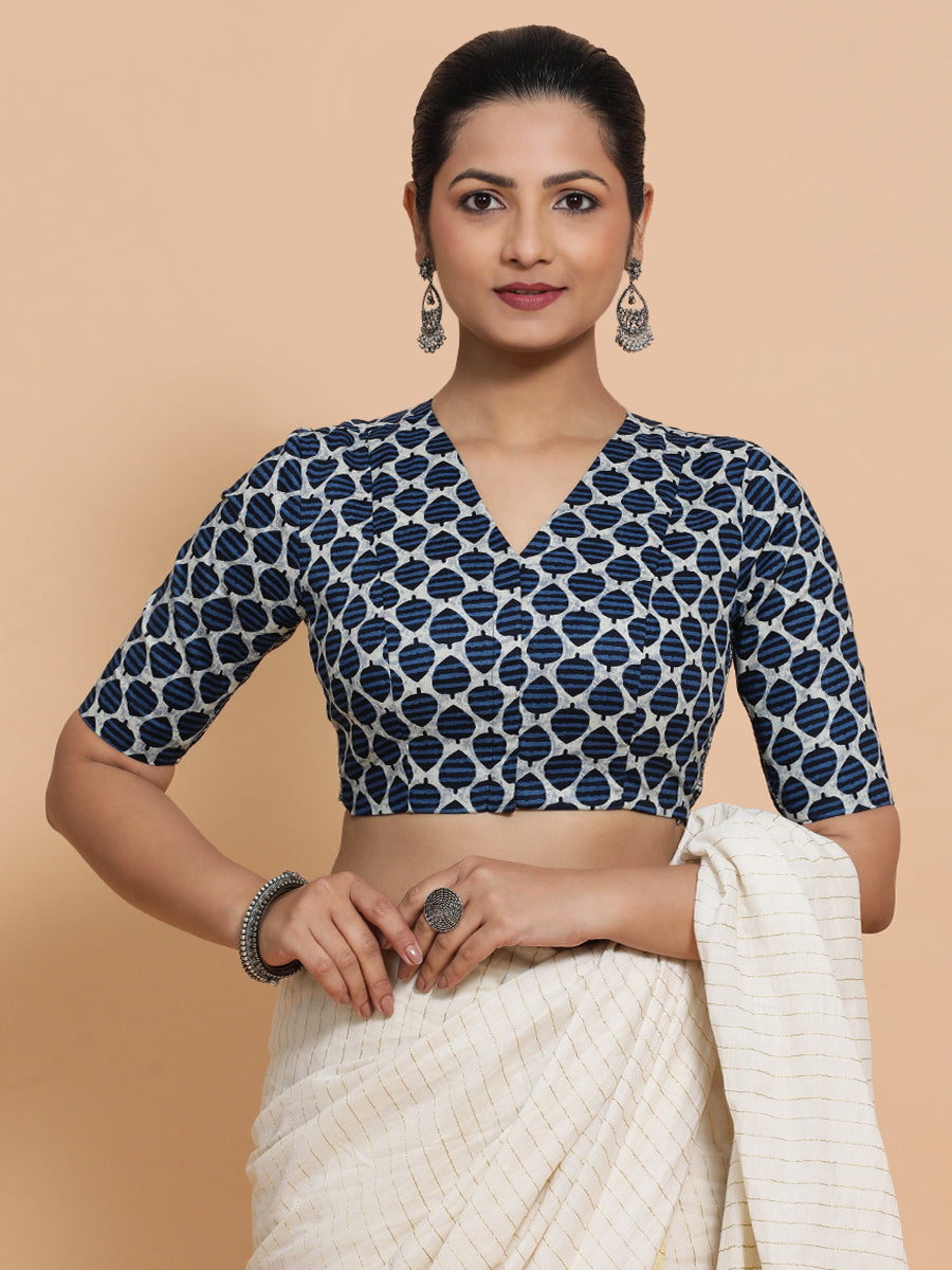 Bhumi x Rozaana Saree Blouse, in Blue Cotton, featuring elbow sleeves and v-neckline, made for daily & work.