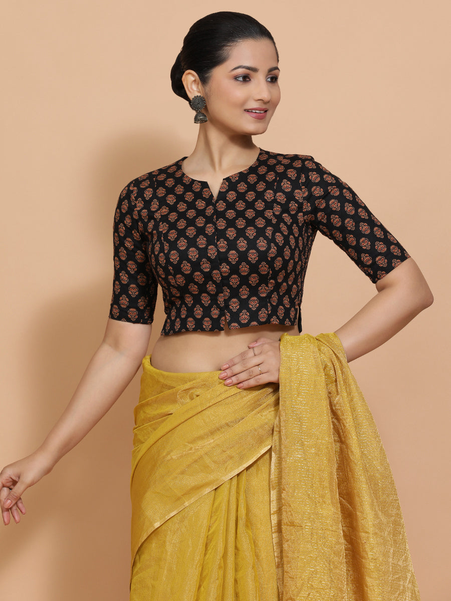 Binal x Rozaana Saree Blouse, in Black Cotton, featuring elbow sleeves and round neckline, made for daily & work (view 7).