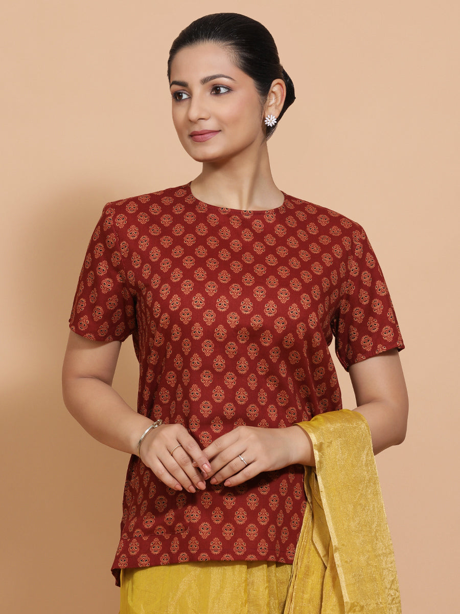 Brinda x Rozaana Saree Blouse, in Red Cotton, featuring short sleeves and jewel neckline, made for daily & work.