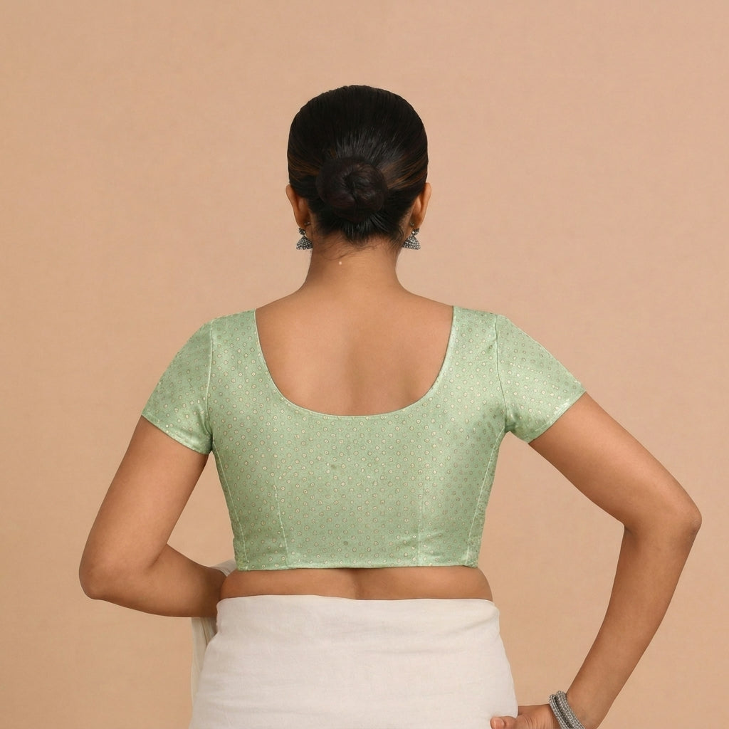 Chandrika x Tyohaar Saree Blouse, in Green Chandheri, featuring short sleeves and round neckline, made for party & festive.