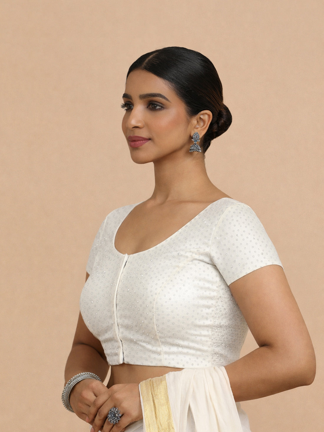 Chandrika x Tyohaar Saree Blouse, in White Chandheri, featuring short sleeves and round neckline, made for party & festive.
