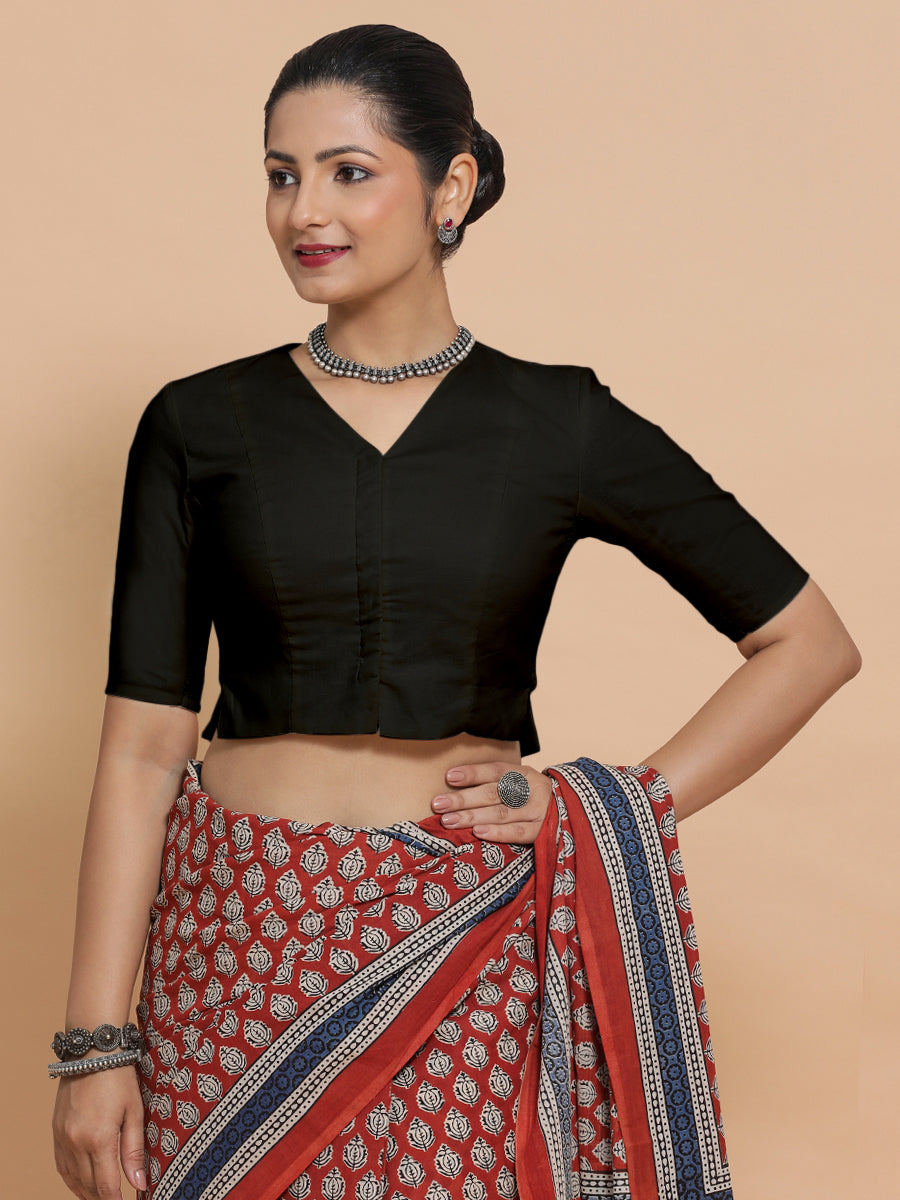 Chaya x Rozaana Saree Blouse, in Black Cotton, featuring elbow sleeves and v-neckline, made for daily & work (view 6).