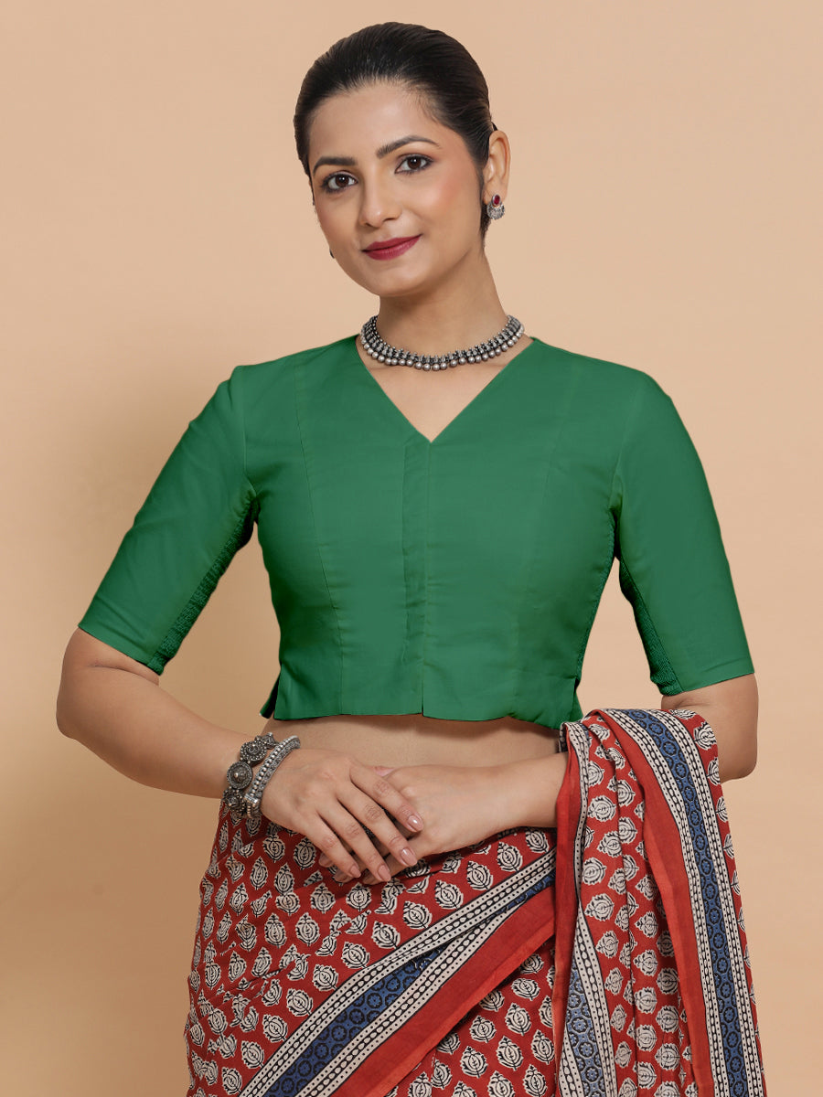 Chaya x Rozaana Saree Blouse, in Green 100% Cotton - Solid, featuring elbow sleeves and v-neckline, made for daily & work.