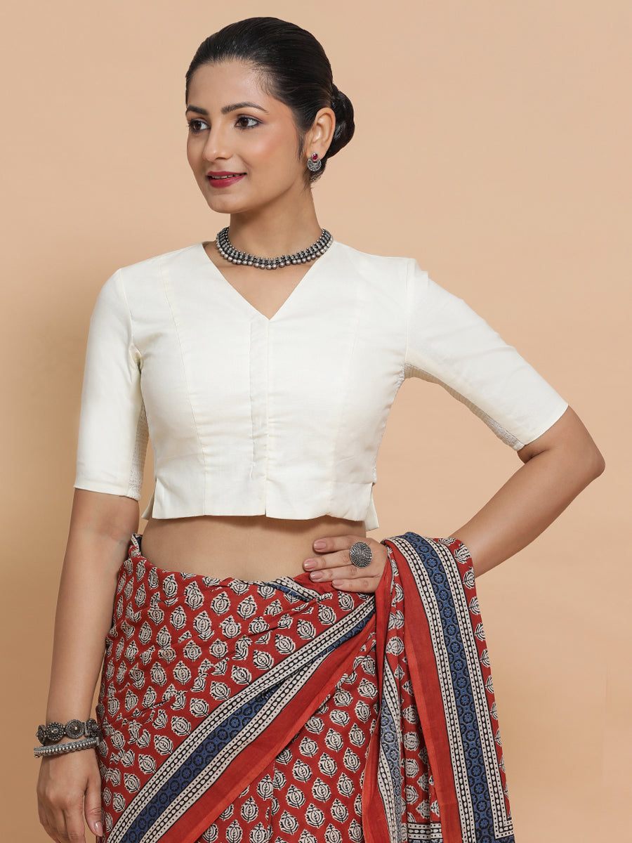 Chaya x Rozaana Saree Blouse, in White Cotton, featuring elbow sleeves and v-neckline, made for daily & work.