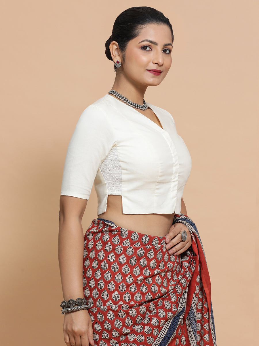 Chaya x Rozaana Saree Blouse, in White Cotton, featuring elbow sleeves and v-neckline, made for daily & work (view 6).