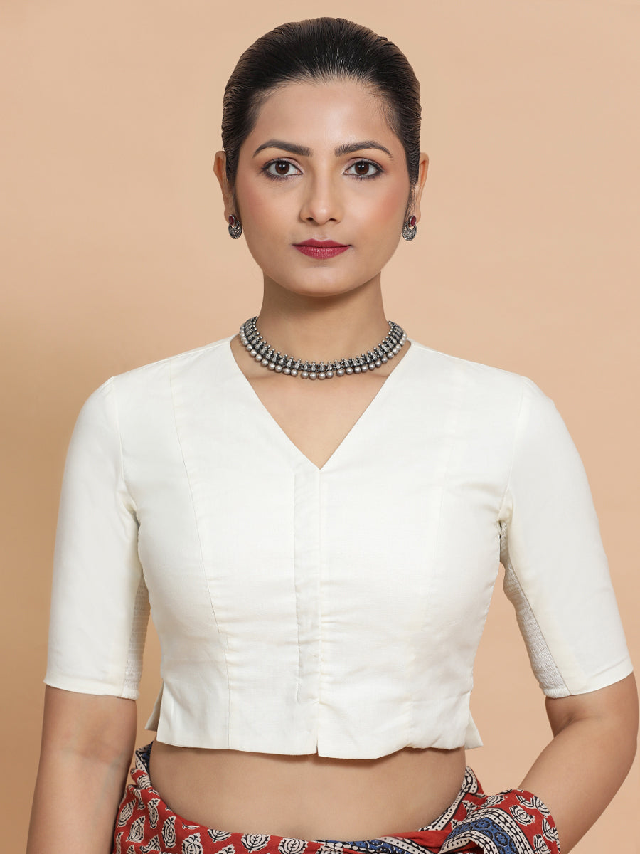 Chaya x Rozaana Saree Blouse, in White Cotton, featuring elbow sleeves and v-neckline, made for daily & work (view 7).