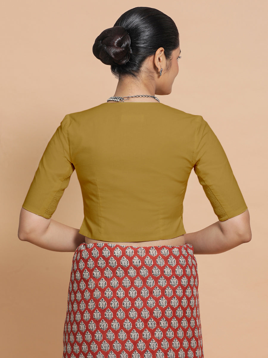 Chaya x Rozaana Saree Blouse, in Yellow Cotton, featuring elbow sleeves and v-neckline, made for daily & work (view 2).