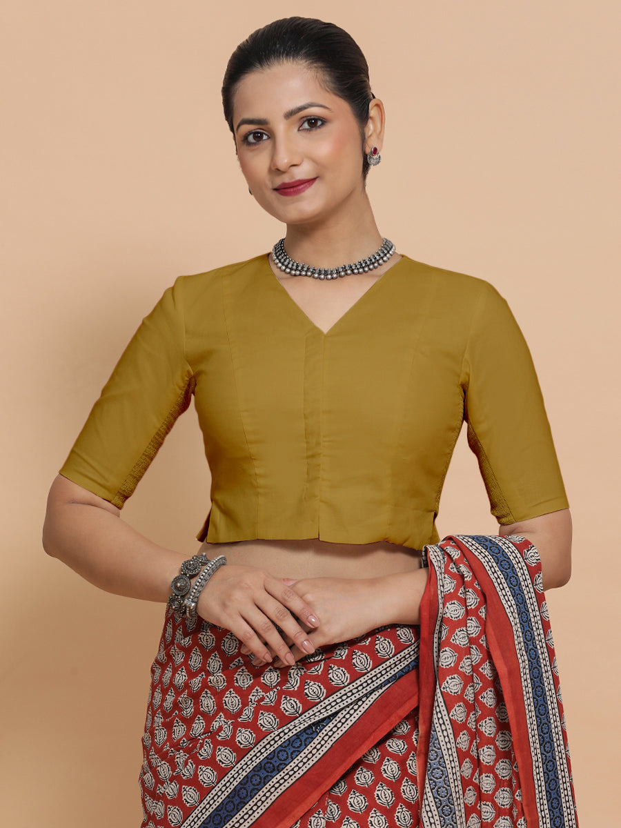 Chaya x Rozaana Saree Blouse, in Yellow Cotton, featuring elbow sleeves and v-neckline, made for daily & work (view 7).