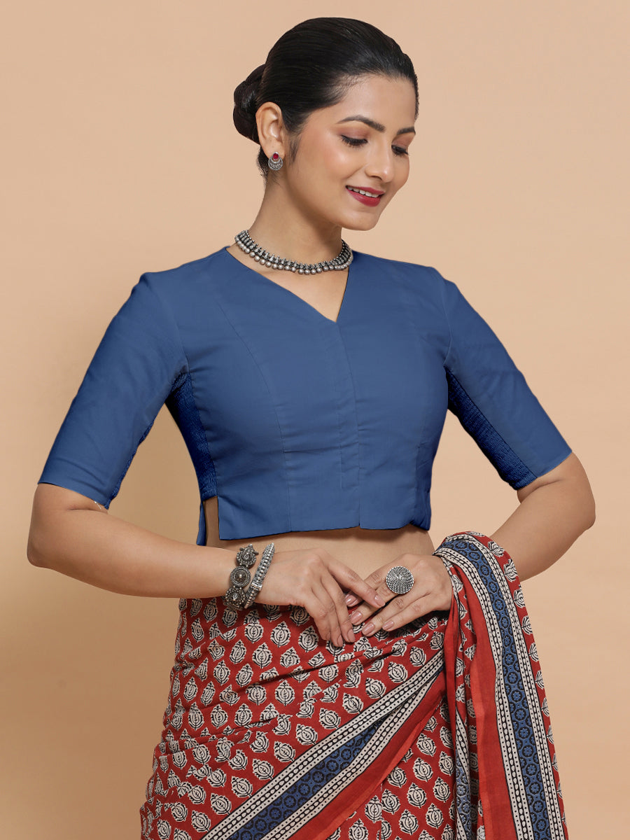 Chaya x Rozaana Saree Blouse, in Blue 100% Cotton - Solid, featuring elbow sleeves and v-neckline, made for daily & work.