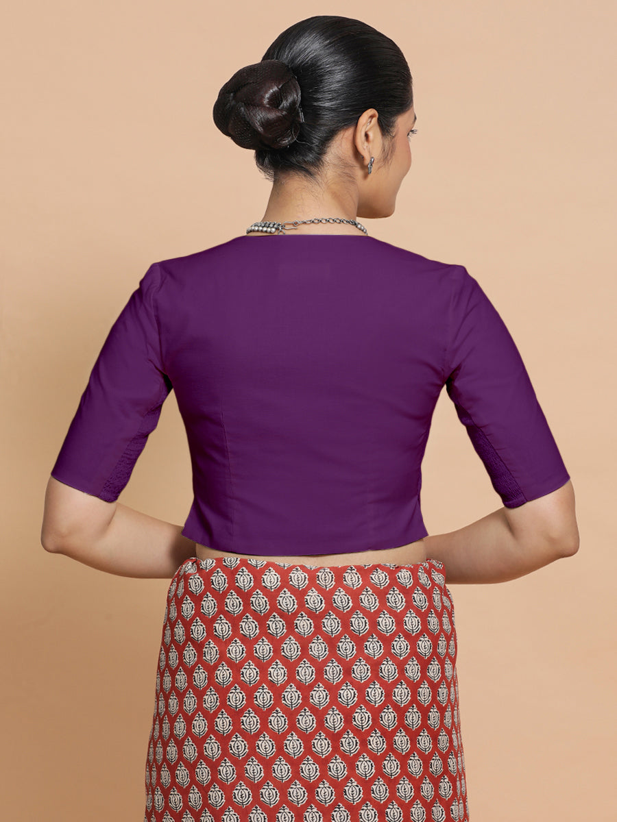 Chaya x Rozaana Saree Blouse, in Purple Cotton, featuring elbow sleeves and v-neckline, made for daily & work (view 2).