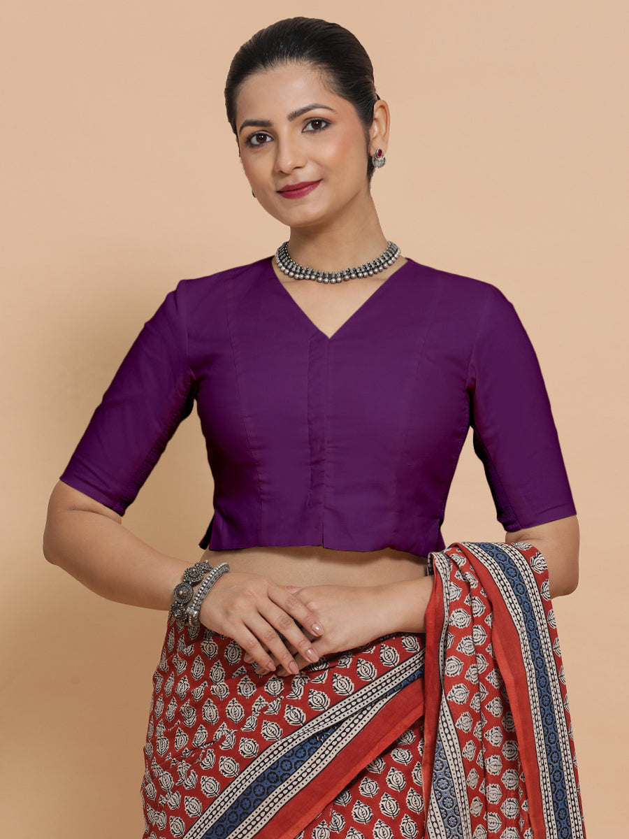 Chaya x Rozaana Saree Blouse, in Purple Cotton, featuring elbow sleeves and v-neckline, made for daily & work (view 5).