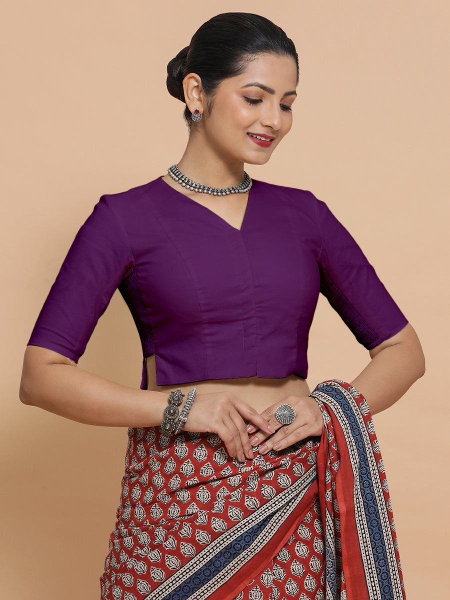 Chaya x Rozaana Saree Blouse, in Purple Cotton, featuring elbow sleeves and v-neckline, made for daily & work (view 7).