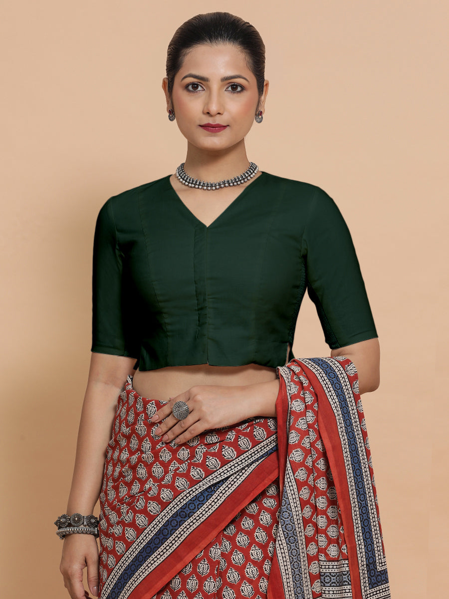 Chaya x Rozaana Saree Blouse, in Green Cotton, featuring elbow sleeves and v-neckline, made for daily & work (view 5).