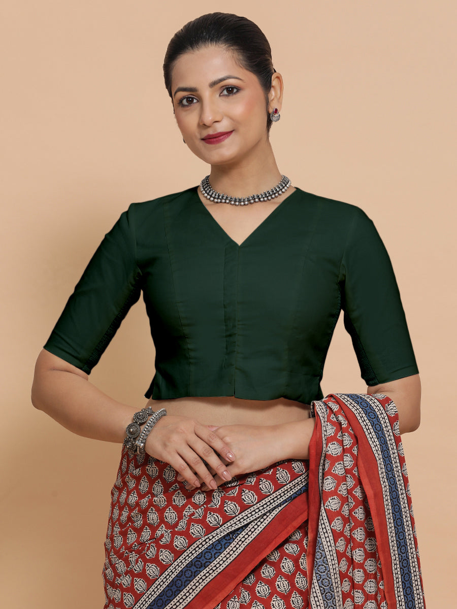 Chaya x Rozaana Saree Blouse, in Green Cotton, featuring elbow sleeves and v-neckline, made for daily & work (view 6).