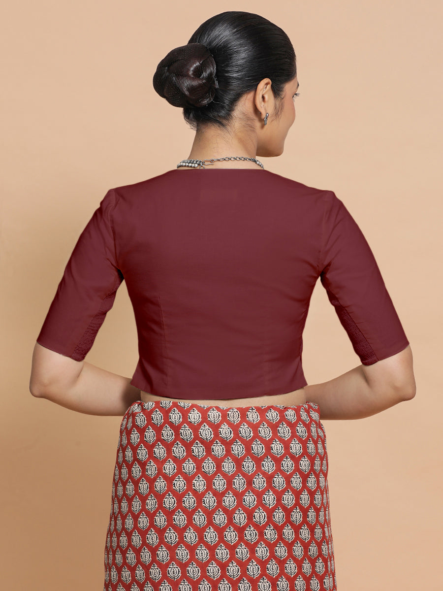 Chaya x Rozaana Saree Blouse, in Maroon Cotton, featuring elbow sleeves and v-neckline, made for daily & work (view 2).