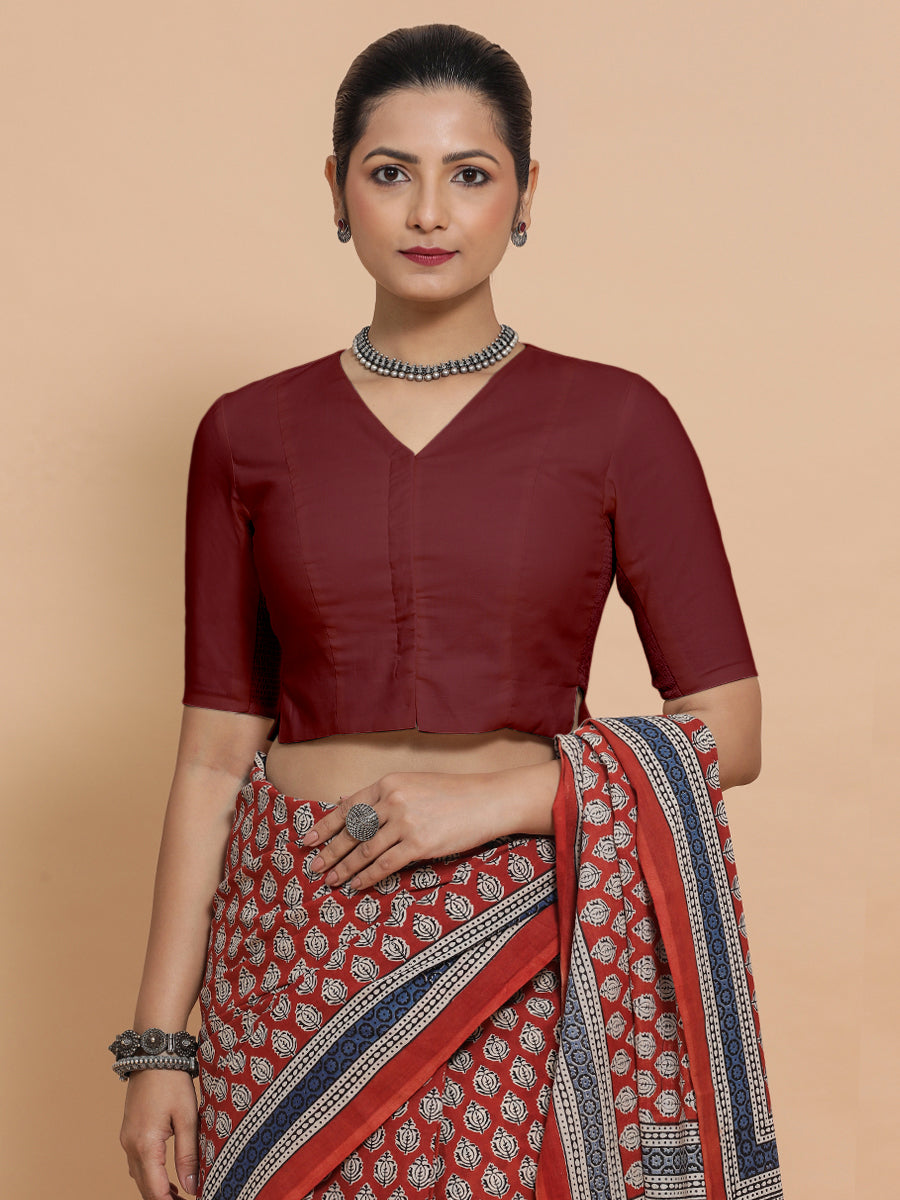Chaya x Rozaana Saree Blouse, in Maroon Cotton, featuring elbow sleeves and v-neckline, made for daily & work (view 5).