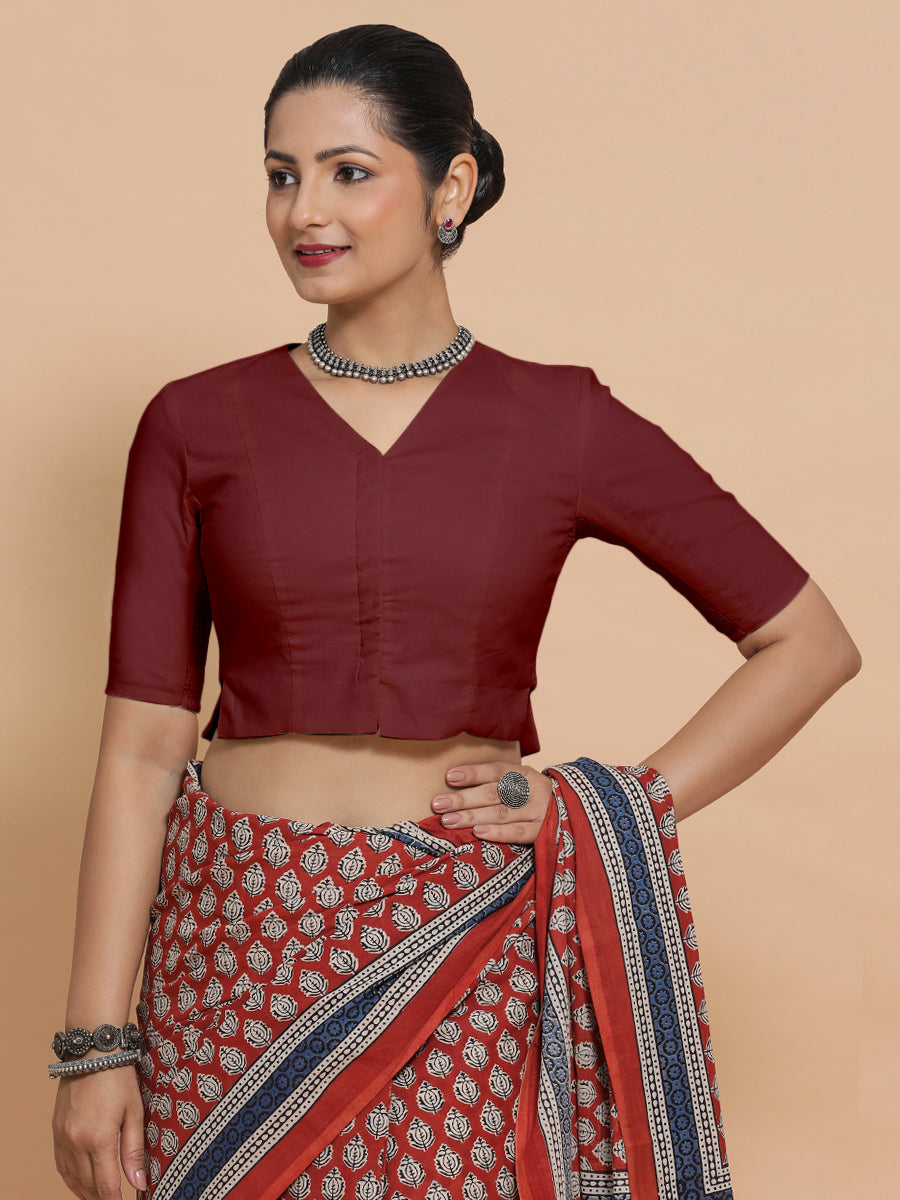 Chaya x Rozaana Saree Blouse, in Maroon Cotton, featuring elbow sleeves and v-neckline, made for daily & work (view 6).