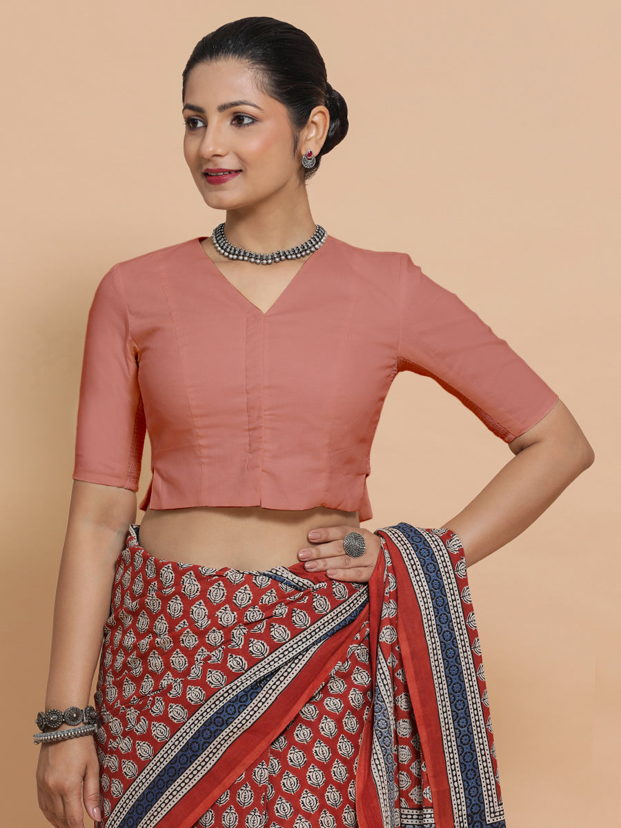 Chaya x Rozaana Saree Blouse, in Peach Cotton, featuring elbow sleeves and v-neckline, made for daily & work (view 6).