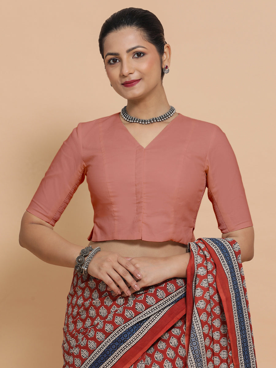 Chaya x Rozaana Saree Blouse, in Peach Cotton, featuring elbow sleeves and v-neckline, made for daily & work (view 7).